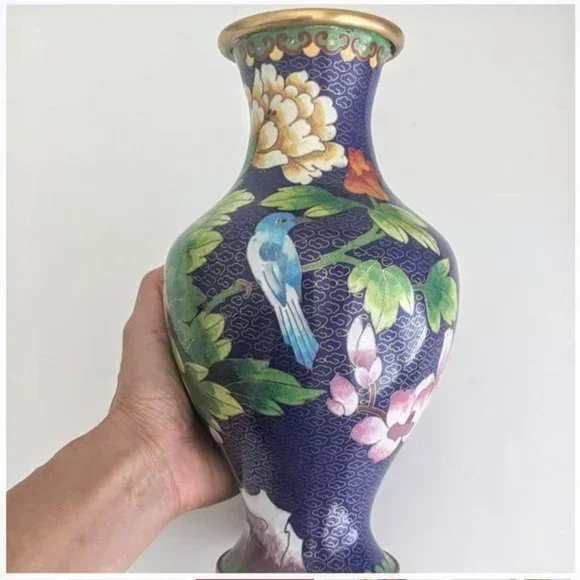 Vtg 10" Oriental Cloisonne Vase Blue Bird Dahlia Plum Royal Blue Asian Chinese - Picture 3 of 15